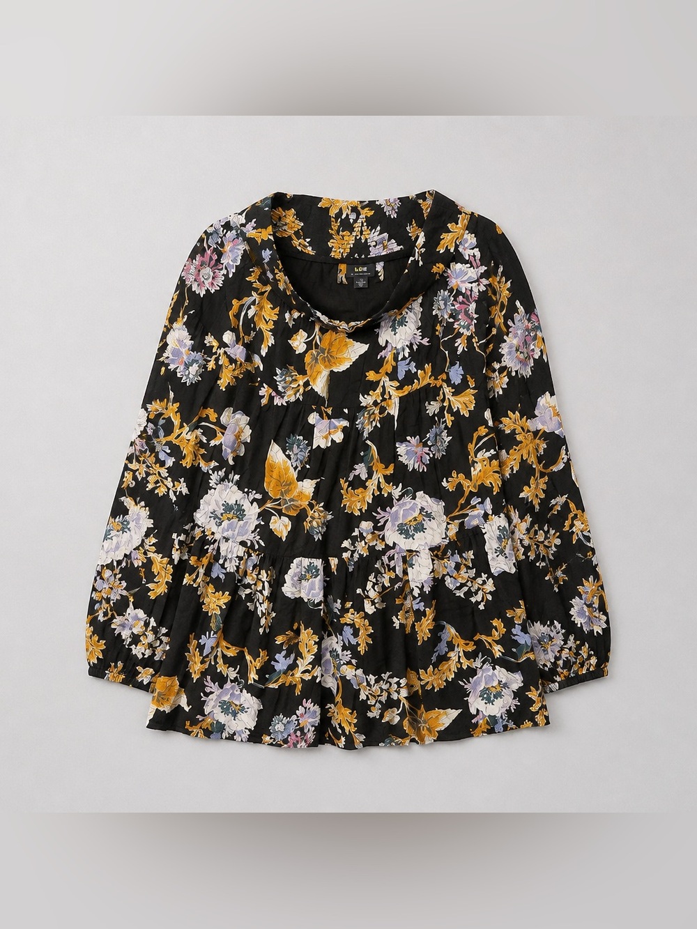 Anthropologie Black Floral Peplum Top with Mustard & Lavender Accents